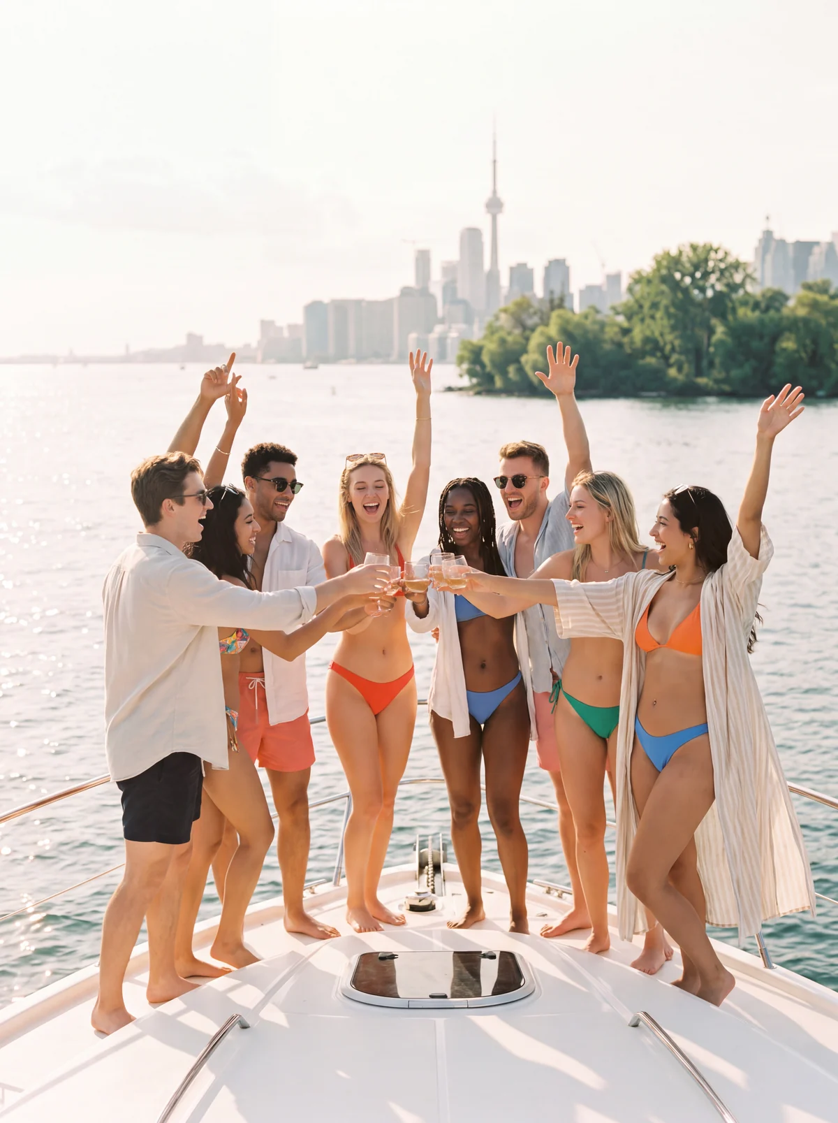 Group celebrating on the bow, Toronto skyline behind