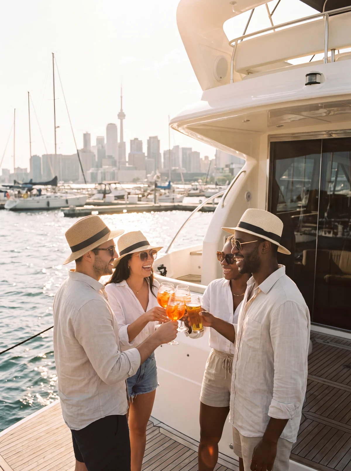 Friends toasting on the aft deck at golden hour