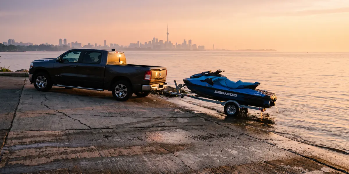 Sea-Doo on a trailer at the launch ramp, Toronto skyline behind