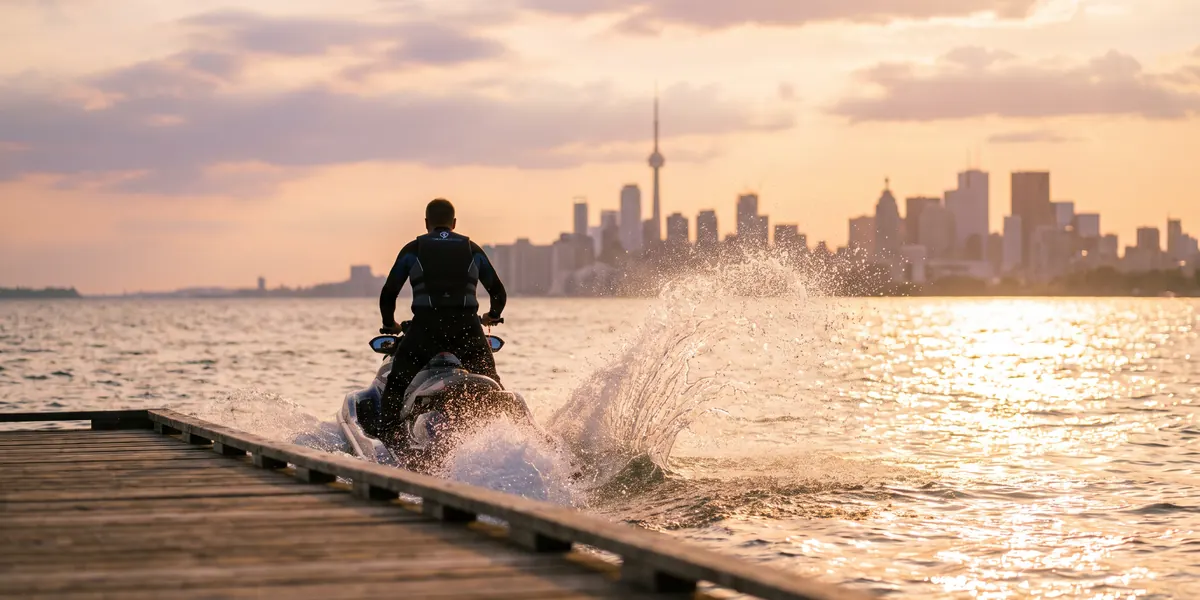 Rider pulling away from the dock toward the skyline